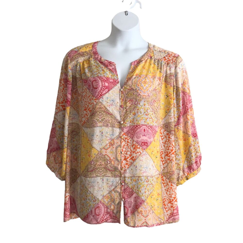 Rose + Olive Women's Tunic Blouse Plus 3X Geometric Boho Smocked Chiffon 3/4 Slv
